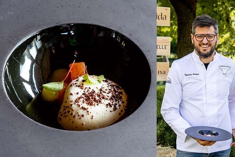 Spuma tiepida di Bitto Dop, trota marinata al cacao e mela al rum - Tommaso Arrigoni (Una serata dedicata al Bitto 19 cuochi, 19 ricette ad hoc)