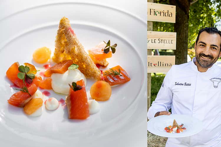 Trota del Trentino, Bitto Dop, melone mantovano e olio extravergine del Garda - Salvatore Buttic&egrave; (Una serata dedicata al Bitto 19 cuochi, 19 ricette ad hoc)