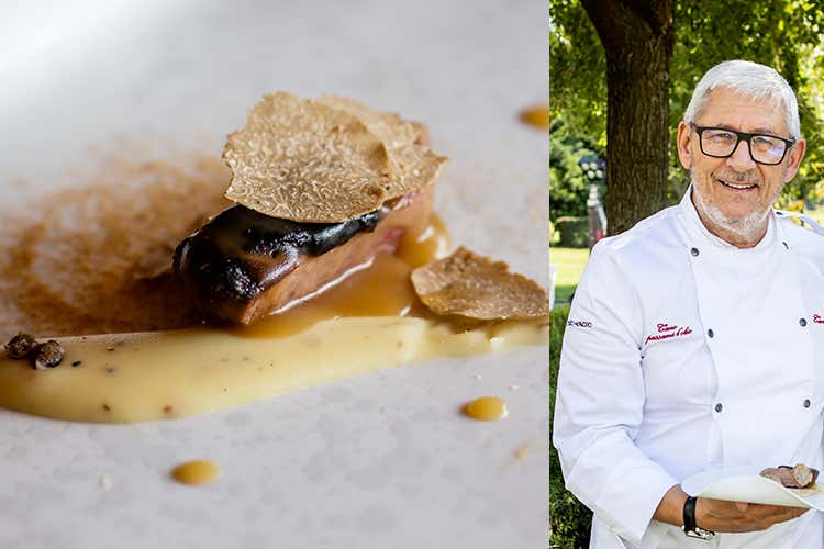 Petto d'oca al miele e tartufo nero della Valtellina in vellutata di Bitto Dop e crumble di prosciutto d'oca - Tano Simonato (Una serata dedicata al Bitto 19 cuochi, 19 ricette ad hoc)