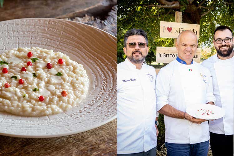 Carnaroli Campo dell'Oste, Bitto Dop 2019 Crema di vacca de La Fiorida e praticello alpino - Marco Valli, Enrico Derflingher e Francesco Rapetti (Una serata dedicata al Bitto 19 cuochi, 19 ricette ad hoc)