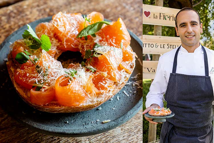 Trota di Valmasino in leggero carpione con Bitto Dop stravecchio e misticanza dei prati - Nicol&ograve; Rizzi (Una serata dedicata al Bitto 19 cuochi, 19 ricette ad hoc)