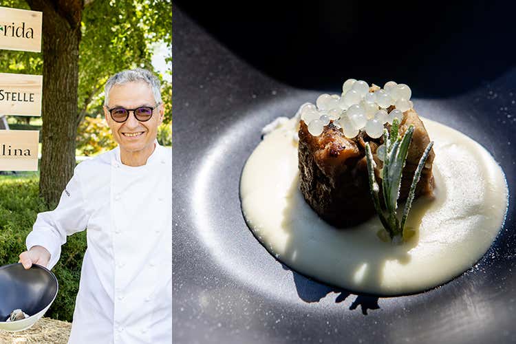 Costine di maialino de La Fiorida, caviale alla mela della Valtellina e polvere di miele Varesino - Franco Girasoli (Una serata dedicata al Bitto 19 cuochi, 19 ricette ad hoc)