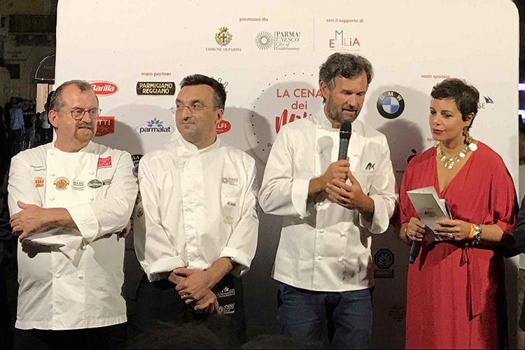 Massimo Spigaroli, Enrico Bergonzi, Carlo Cracco e Francesca Barberini (Il Settembre gastronomico di Parma inizia con la cena delle meraviglie)