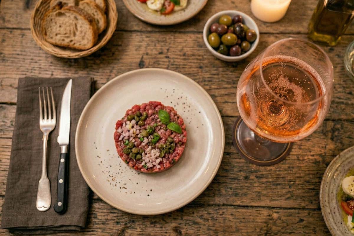 Uno champagne Rosé ben si abbina a una Tartare battuta al coltello tipica del Piemonte
