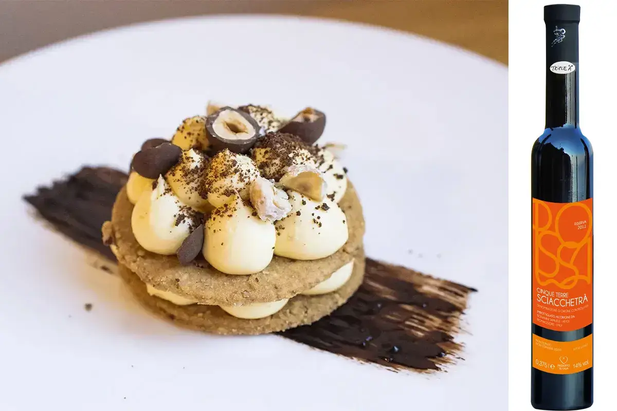 Sciacchetr&agrave; Riserva Azienda Agricola Possa con &ldquo;Sabl&egrave; alle nocciole e chantilly al caramello&rdquo; di Cristina Cerbi dell'Osteria di Fornio di Fidenza (Pr), socia Euro-Toques Italia &pound;$L&rsquo;Italia del vino:$&pound; tre calici delle Cinque terre