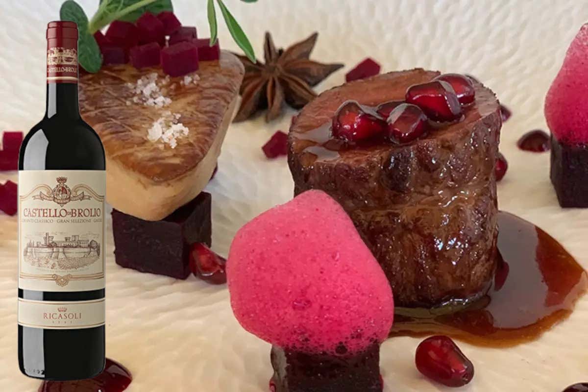 Capriolo, fegato d’oca, rape rosse e melograno con Chianti Classico Gran Selezione di Castello di Brolio