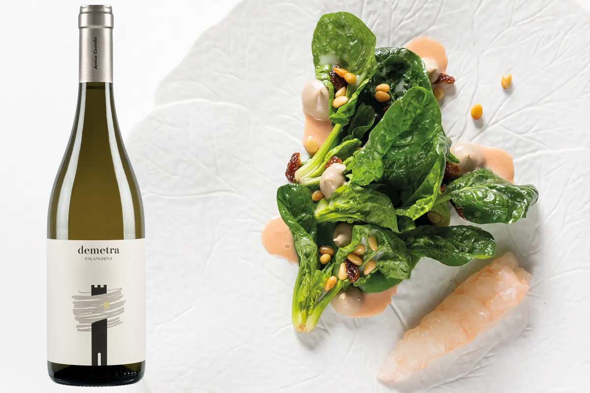 Scampi, spinaci e basilico, pinoli e uvetta con Demetra, Irpinia Falanghina Dop di Antico Castello