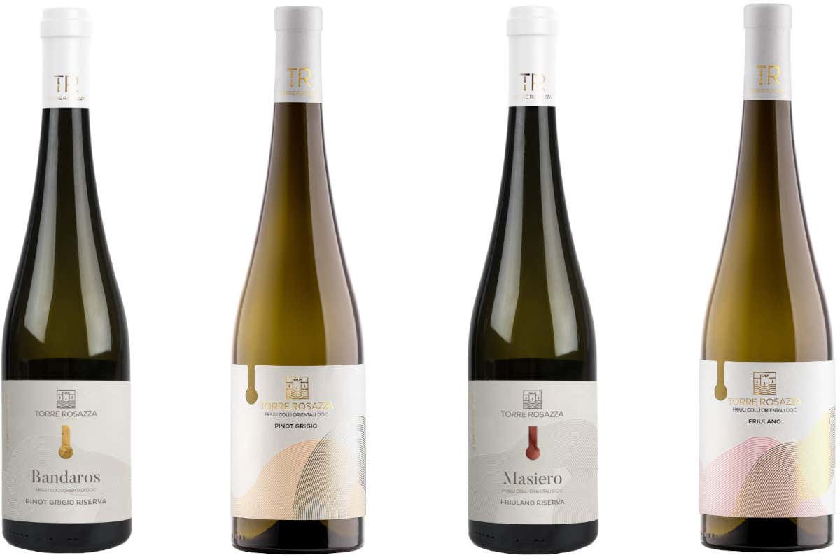 I quattro vini di punta di Torre Rosazza, Bandaros Pinot Grigio Riserva, Pinot Grigio, Masiero Friulano Riserva e Friulano