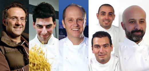 da sinitra: Massimo Bottura, Massimiliano Alajmo, Heinz Beck, Riccardo Monco (sopra) e Italo Bassi (sotto), Niko Romito