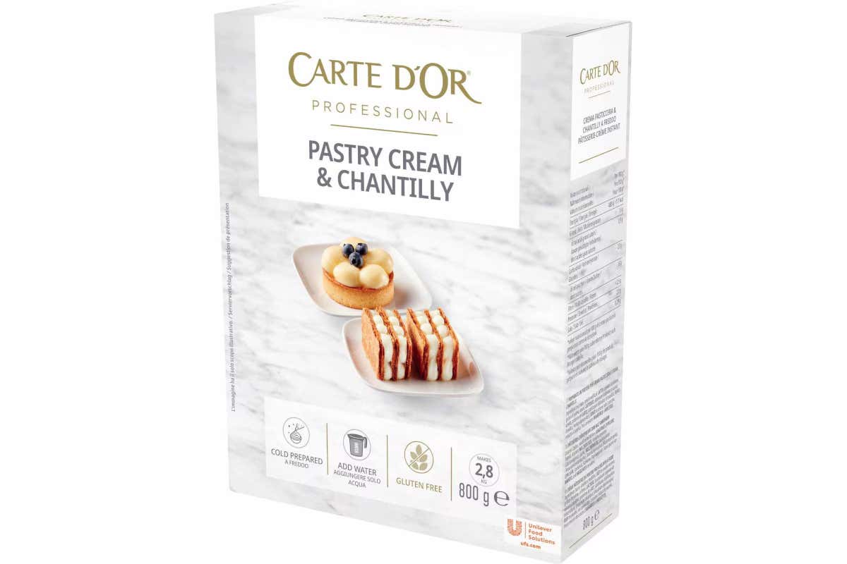 La confezione da 800 grammi di crema fredda Pastry Cream & Chantilly di Carte d'Or Professional