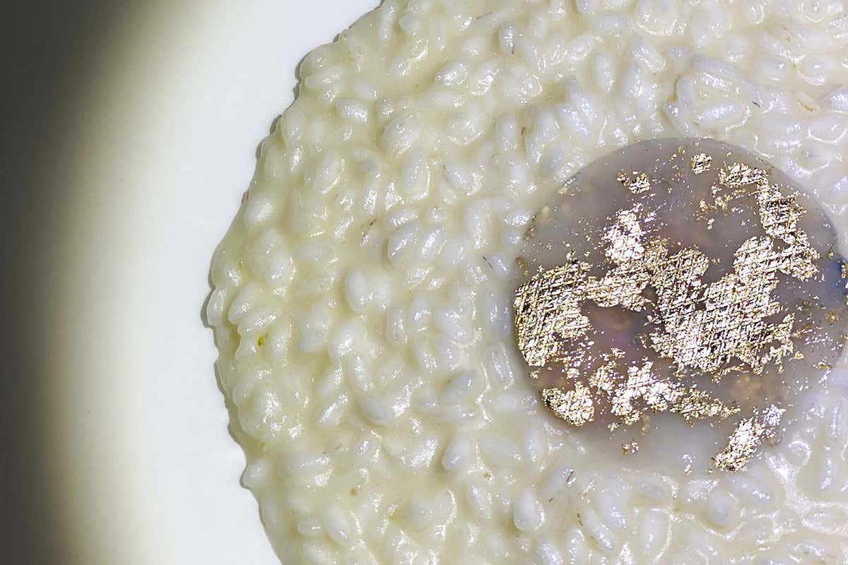 Vialone nano gran riserva al lime, trasparenza di scampo e foglia d’oro 24  Cena al San Pietro con Luca Miuccio tra crudi di mare e vini siciliani