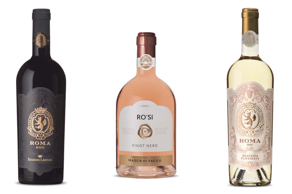 Vini Masca del Tacco, da sinistra le versioni rosso, rose e bianco del Roma Nei sorsi di Poggio Le Volpi e Masca del Tacco i gusti di mare e&nbsp; terra