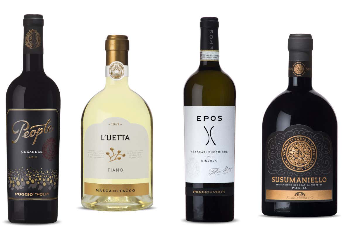 Da sinistra Cesanese, L'Uetta, Epos, e Susumaniello Nei sorsi di Poggio Le Volpi e Masca del Tacco i gusti di mare e&nbsp; terra