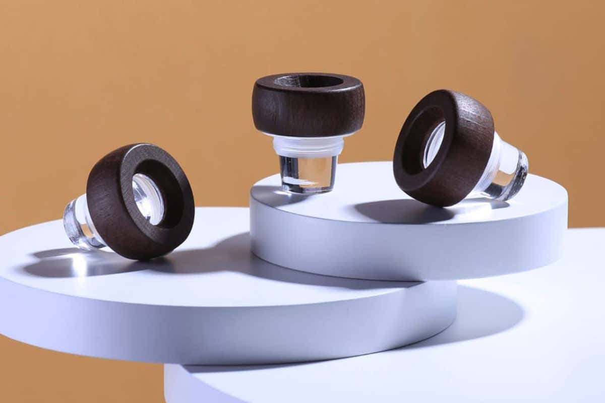 Vinolok Duet Drum, in vetro con anello in legno arrotondato