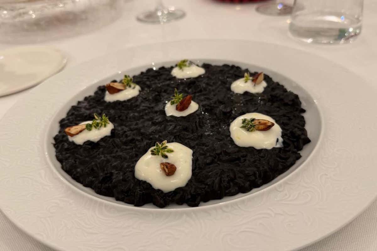 Risotto al nero di seppia con schiuma di ricotta al limone e mandorla fermentata