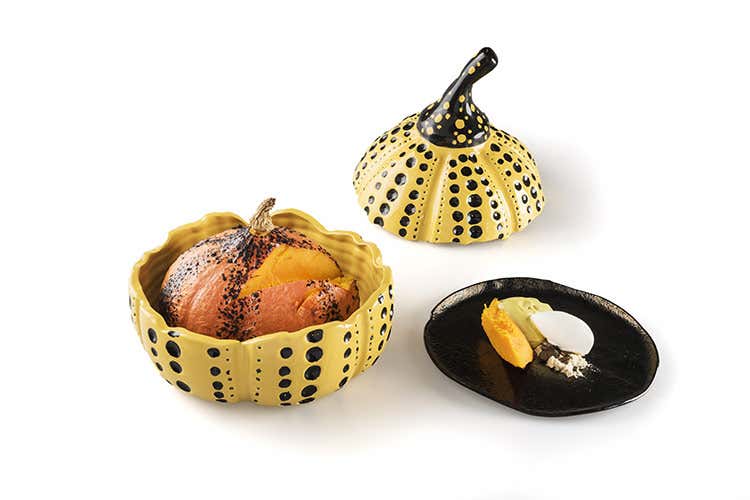 Zucca al barbecue, gelato all'alloro, essenza di alloro e semi di zucca