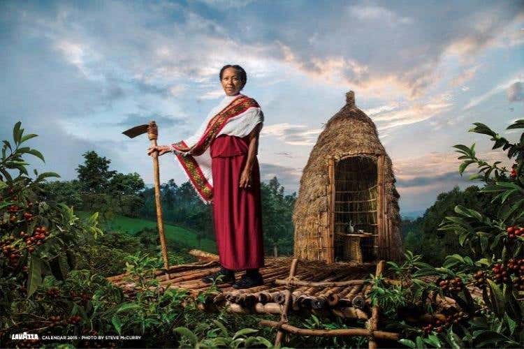 The Sentinel guarding the Plantations: uno degli scatti del Calendario Lavazza 2015 di Steve McCurry che ritrae Asnakech Thomas Biene, coltivatrice di caffè in Etiopia, fotografata nel mezzo delle piantagioni di caffè, con orgoglio e dignità nel suo ruolo di sentinella dell’arabica in Etiopia
