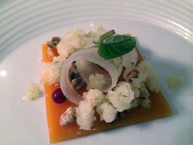 Gelatina all'arancia e anice,sedano, granita al limoncello
