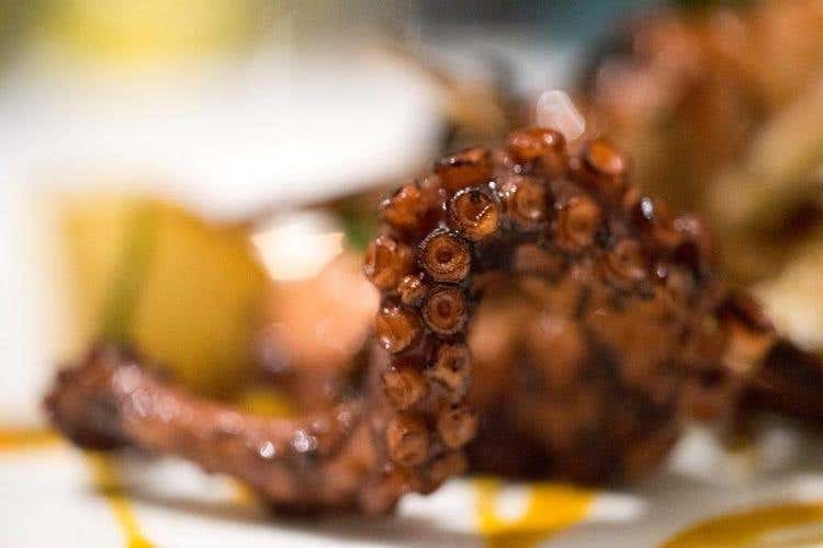 Mare-terra: polpo alla plancha con fondo di vitello, daikon e funghi essiccati