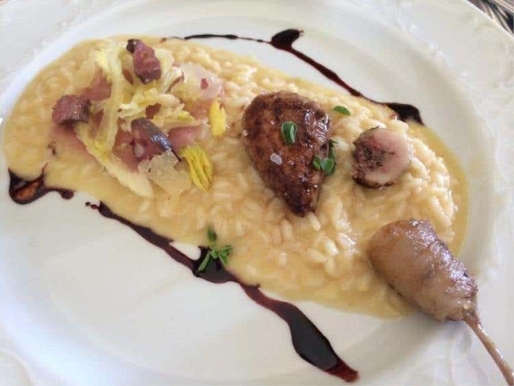 Risotto parmigiano e limone, quaglia farcita e carpaccio di manzo, di Luca Signoretti