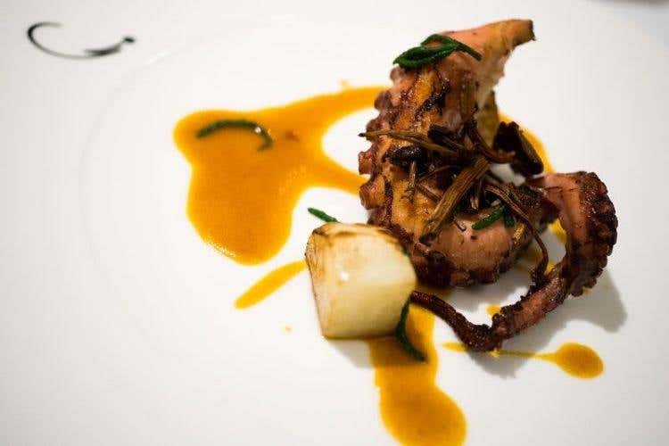 Mare-terra: polpo alla plancha con fondo di vitello, daikon e funghi essiccati