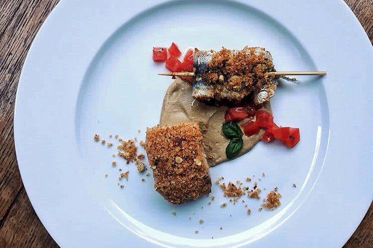 Aguglia imperiale e spiedino di sardine alla beccafico con melanzana rivisitata - Al Carroponte, una serata di abbinamenti 
con gli spumanti Trentodoc di Letrari