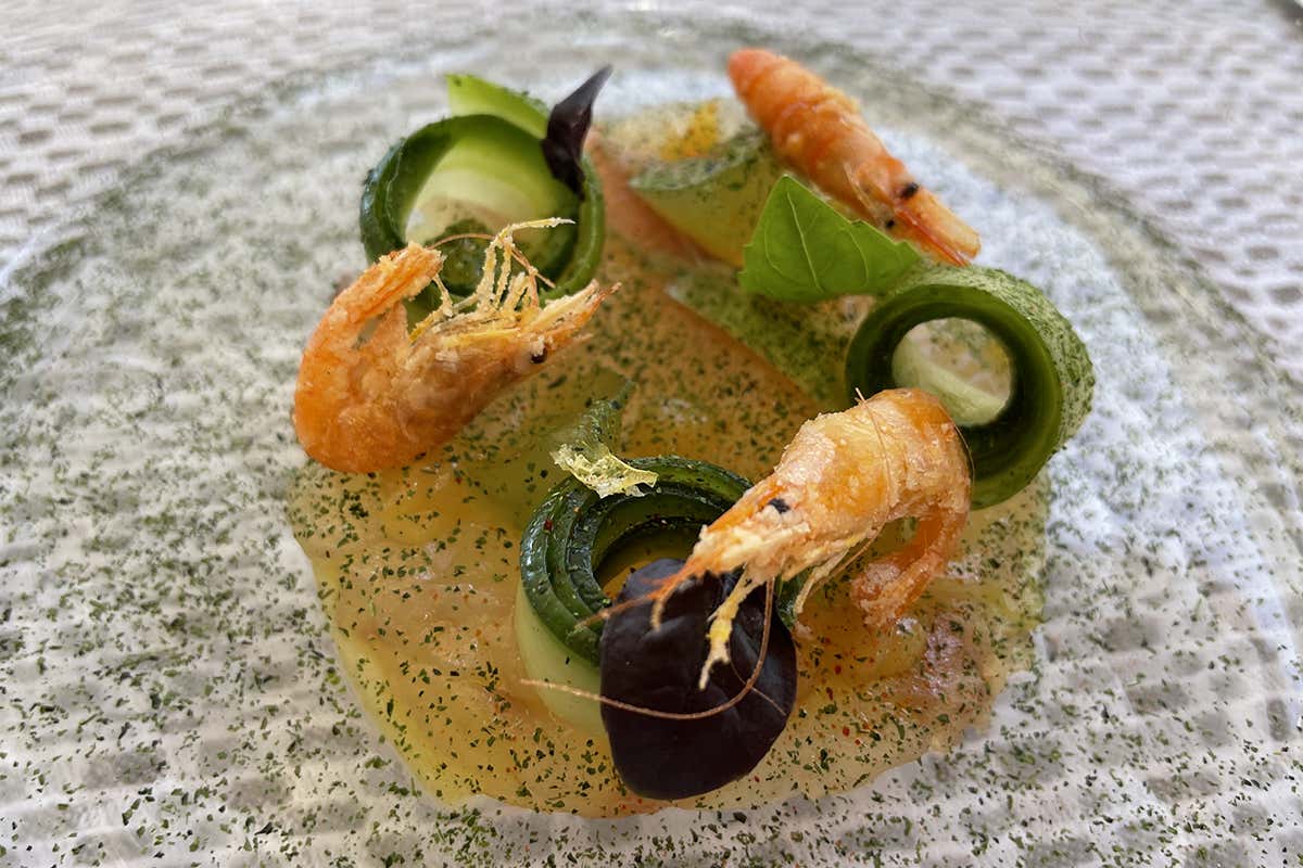 Carpaccio di dentice su kiwi giallo, gamberetti di Fascina ed erbe aromatiche - Osteria di Passignano 