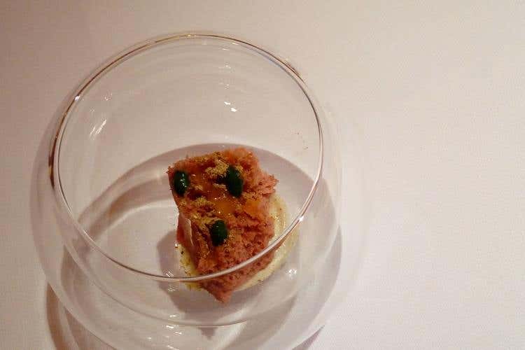 Prima entrée: Spugna di rapa rossa, crema di topinambur, gocce di prezzemolo, estratto di carota e polvere di funghi