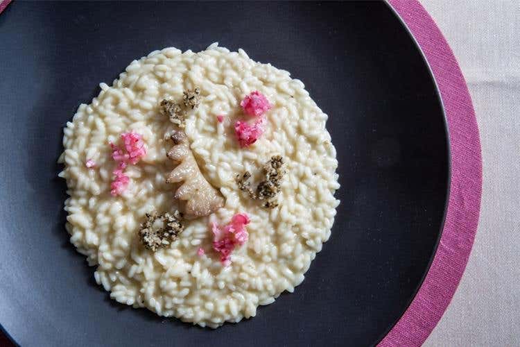 Riso gallo riserva del Pavese in brodo di gallina bianca di Saluzzo, tartufo nero, rabarbaro