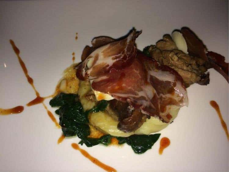 Il carpione di fagiano con piccole verdure, petali di Parmigiano Reggiano e Prosciutto di Parma