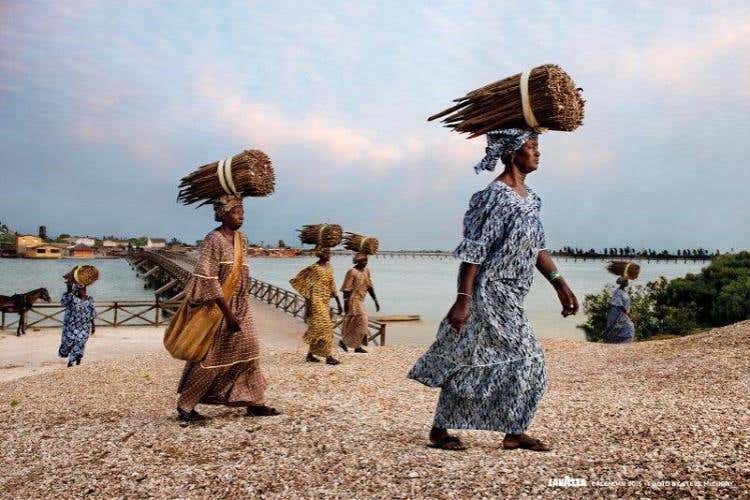 Women of Fadiouth: uno degli scatti del Calendario Lavazza 2015 di Steve McCurry che ritrae Anna Ndiaye, Presidente della Federazione Gie Mbel Saac sull’Isola di Fadiouth in Senegal, che si batte per la qualità del cuscus di miglio salato (presidio Slow Food); Anna è immortalata insieme ad altre donne, con grandi fasci di miglio sulla testa, come un piccolo battaglione in marcia verso la cima di una collina