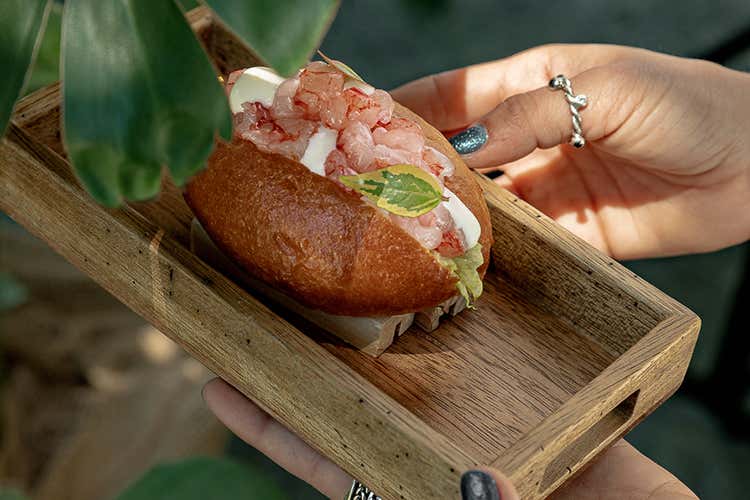 Maritozzo salato, puntarelle, battuto di gambero rosso e burrata (Cena (o dopo cena) al Mediterraneo 
Oasi di pace per l'estate romana)