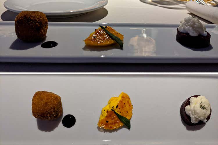 Crocchetta di castagna e aceto balsamico; Creme brule di zucca; Gelée di uva fragola con mascarpone e timo (Mario Cornali, il cuoco filosofo 
I piatti come cori di voci distinte)