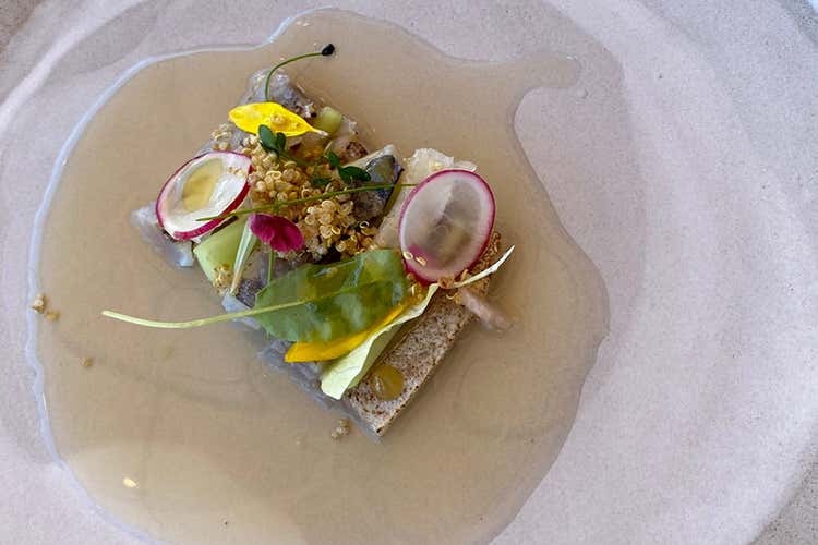 Insalata di sgombro marinato, quinoa, scalogno di Romagna, infuso di uva bianca e verbena (Le contaminazioni nostrane 
nella cucina di Stefano Ciotti)