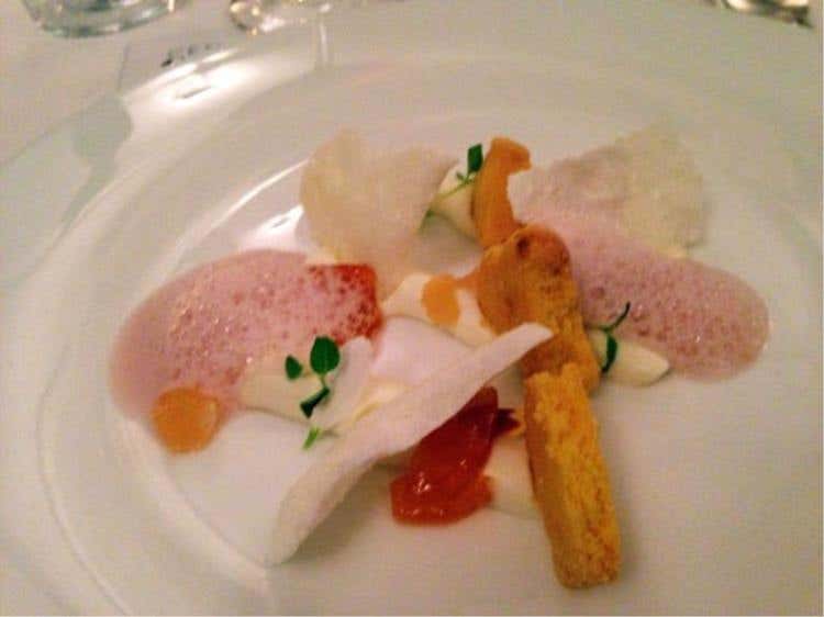 Cheese cake, con gelatina di pompelmo servita con birra alla ciliegia e meringa