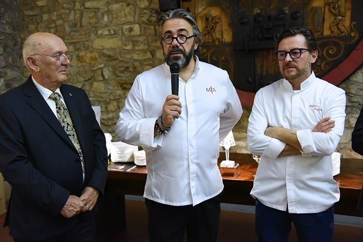 Il fondatore di Villa Franciacrota Alessandro Bianchi con gli stellati Michelin Philippe Léveillé e Stefano Cerveni