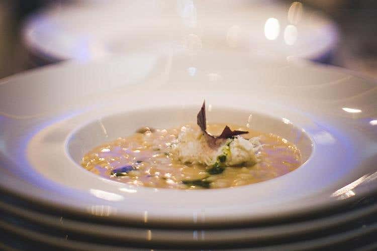 Risotto Carnaroli Campo dell'Oste, fagioli borlotti e baccalà mantecato (Euro-Toques, alta cucina in tavola 
per la cena di gala al Gallia di Milano)