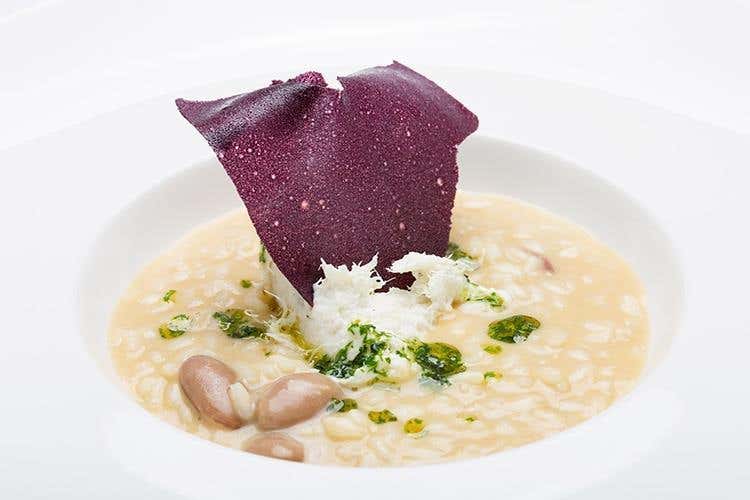 Risotto Carnaroli Campo dell'Oste, fagioli borlotti e baccalà mantecato - Chicco e Bobo Cerea (Euro-Toques, alta cucina in tavola 
per la cena di gala al Gallia di Milano)