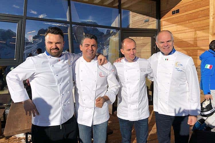 Enrico Croatti, Paolo Cappuccio, Davy Tissot ed Enrico Derflingher (Euro-Toques valorizza il Trentino a tavola 
Un successo la cena al Dolomieu di Croatti)