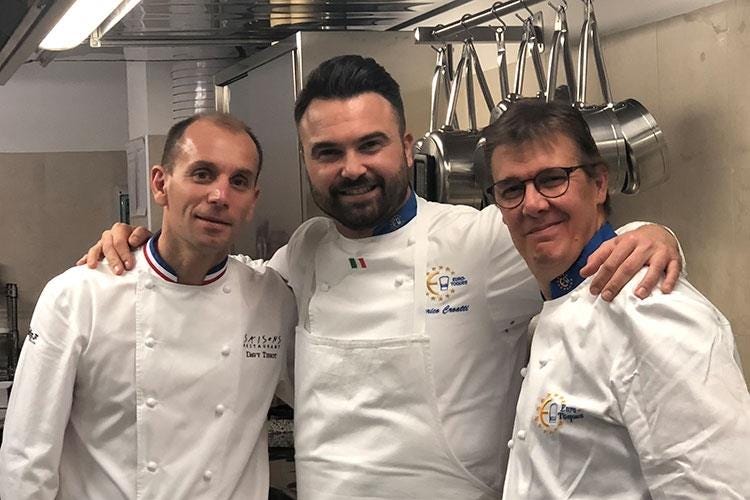 Davy Tissot, Enrico Croatti e Alessandro Gilmozzi (Euro-Toques valorizza il Trentino a tavola 
Un successo la cena al Dolomieu di Croatti)