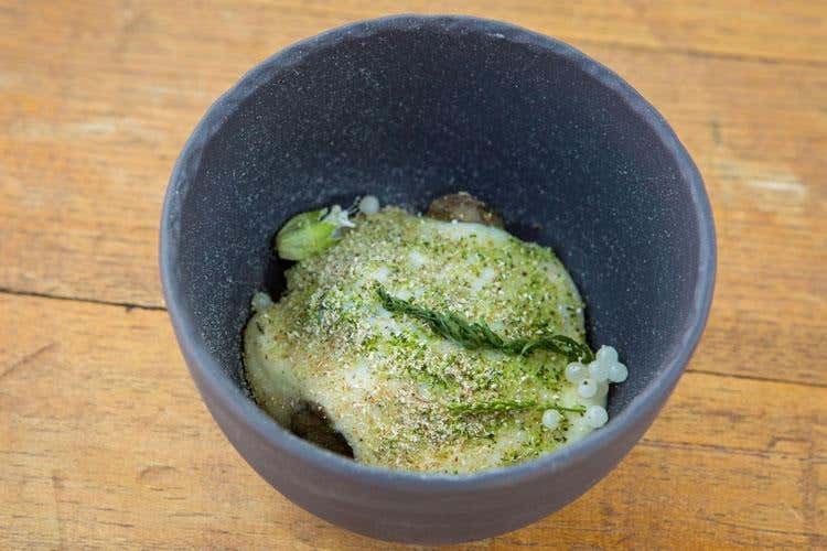 Prato delle Orobie, lumache con crema di patata e Bitto, terra al Braulio, caviale di lumaca e piantaggine - Federico Beretta (Il Bitto “sotto le stelle” a La Fiorida 
L'omaggio dai cuochi Euro-Toques & Co)