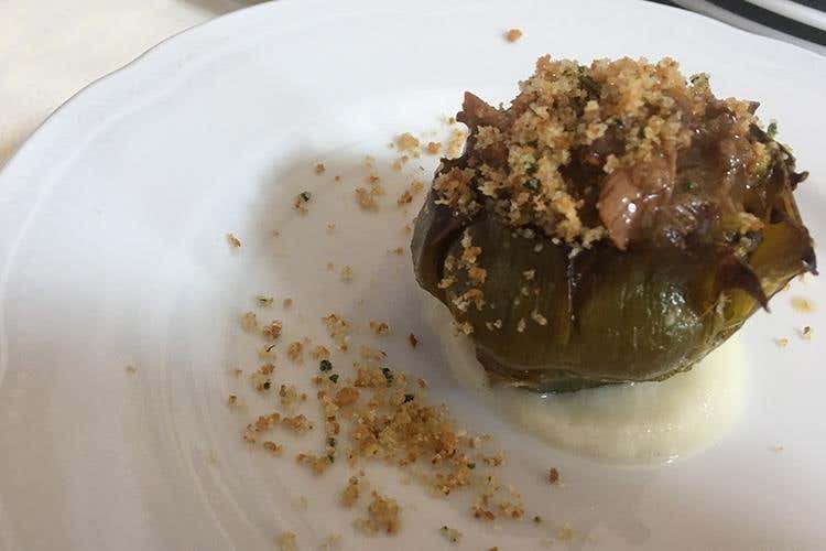 Carciofo ripieno con stracotto e crema di finocchio (Il lunch di Matteo Sangiovanni Da Paestum alla tavola di Euro-Toques