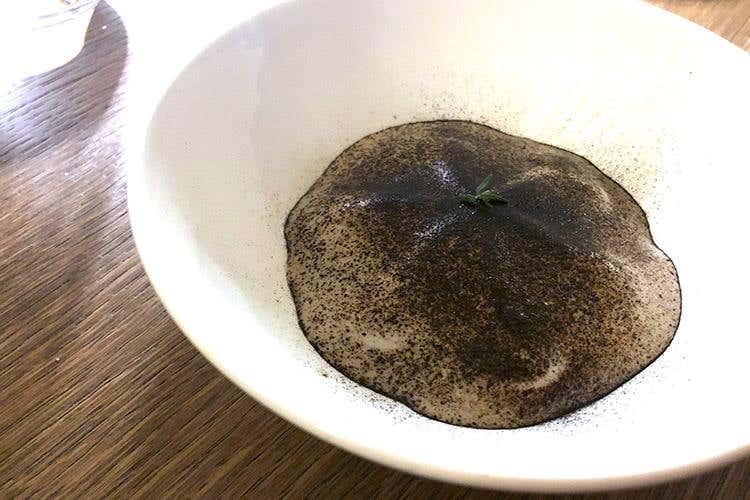 Cardoncelli in agrodolce, spuma di funghi, caramello salato e timo selvatico (L'Alchimia di Alberto Tasinato 
Cucina e mixology al passo con i tempi)