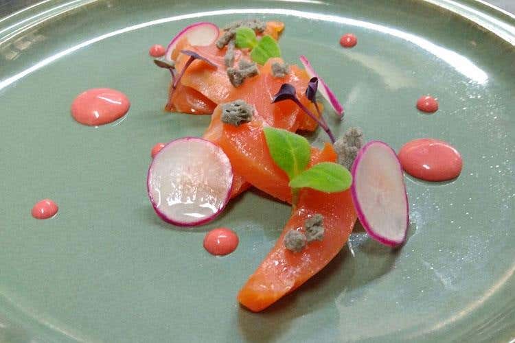 Salmone islandese, ravanelli, crumble al carbone e maionese di barbabietole - L’Enosteria di Marwan e Roberta 
Aria di casa e qualità a Fossombrone