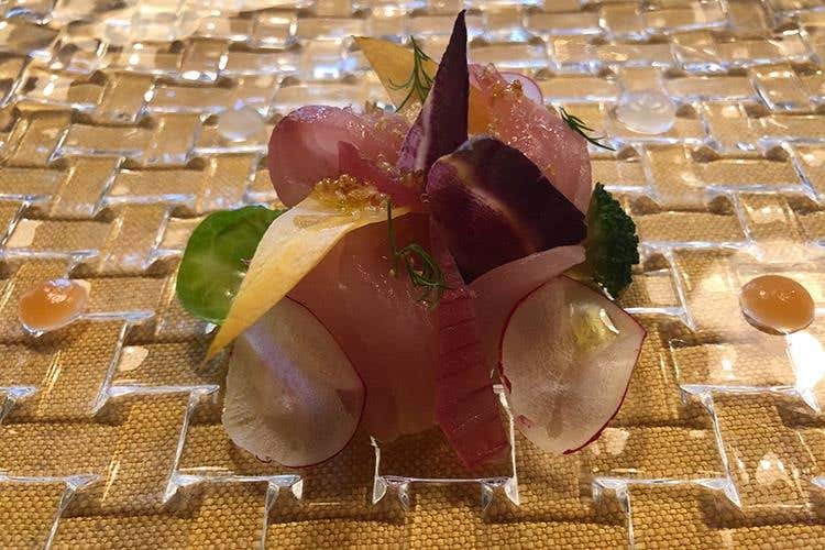 Ricciola marinata al sale di Cervia, gel di yuzu, quinoa croccante e gin spray (La cucina “di casa” del San Domenico 
rivive nei piatti di Massimiliano Mascia)