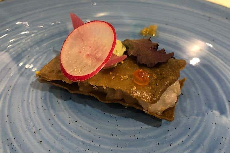 wafer al pistacchio, tartare di scampi, caprino e liquirizia (La Sicilia di Vincenzo Pinto 
fra tradizione e cucina gourmet)