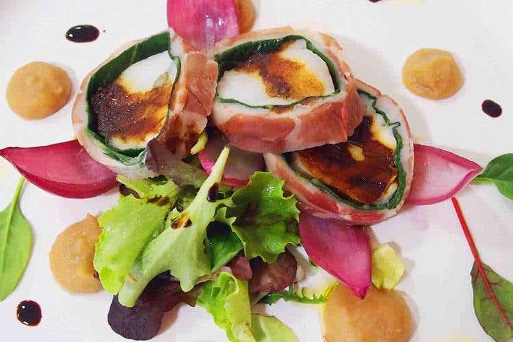 Pescatrice lardellata al Capocollo di Martina su passatina di fagioli con dressing agrodolce al sambuco (Lo street food italiano e contadino entra nelle scuole aberghiere pugliesi