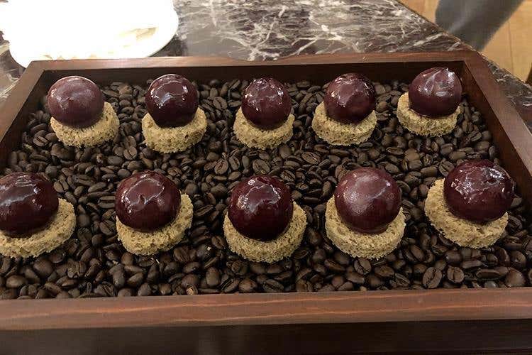 Paté di quaglia gelificato al porto su babà al caffè