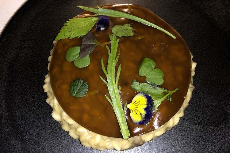 Risotto ai funghi porcini con il suo brodo gellificato (Jre Italia, Saporito guarda avanti 
Cultura, solidarietà e nuovi talenti)