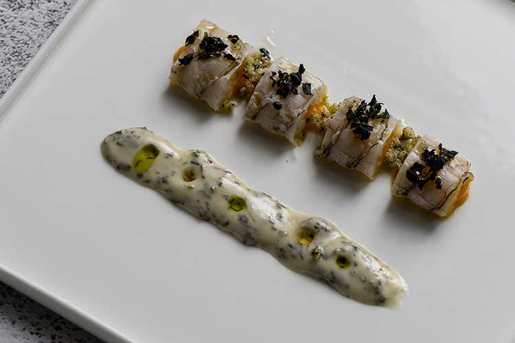 Canocchie à la coque e salsa acida - Mauro Uliassi (Senigallia, a Meet in cucina 2019 
vincono ancora le Marche)